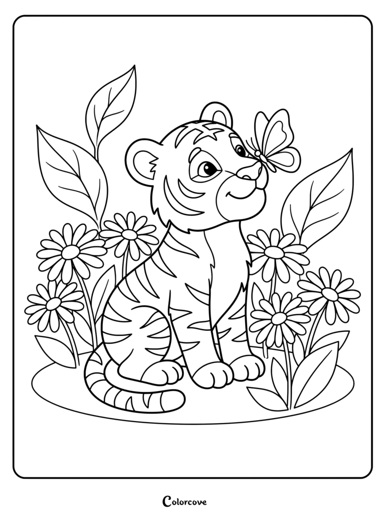 Friendly tiger coloring page featuring a cub interacting with a butterfly among flowers.