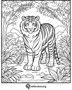 Coloring page featuring a tiger standing in a lush jungle background with trees and plants all around.