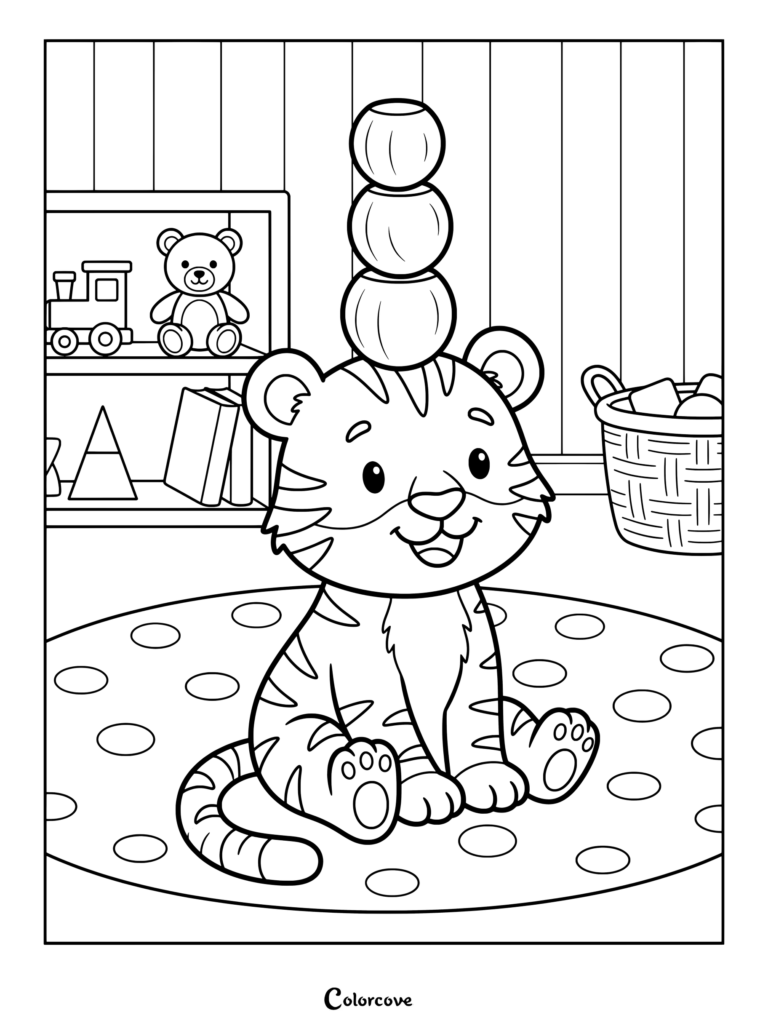 Baby tiger balancing spheres on its head coloring page in a nursery