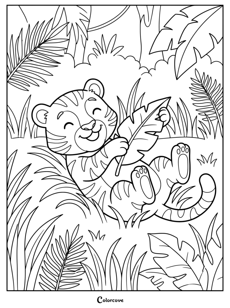 A cute baby tiger playing with a large leaf in the jungle coloring page