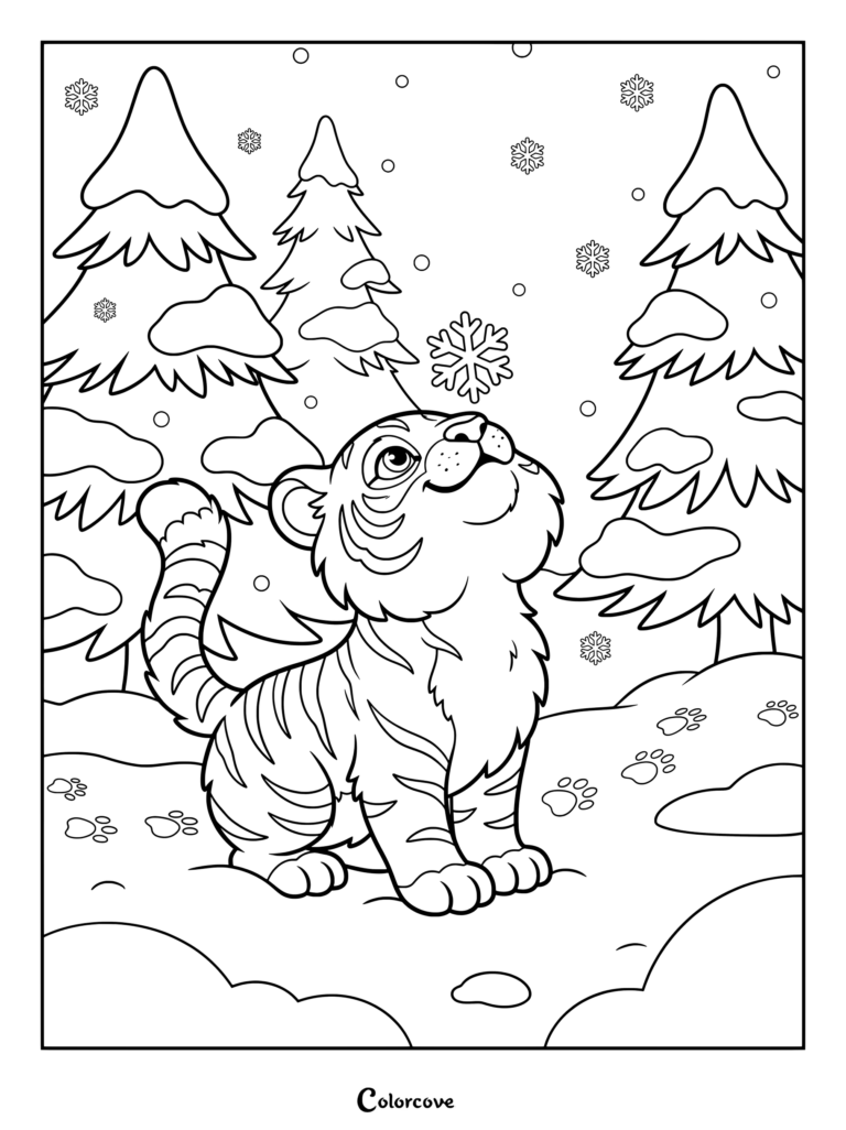 Baby tiger coloring page featuring a cute cub looking up at falling snowflakes in a snowy pine forest.