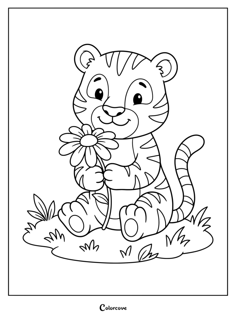 A friendly tiger holding a daisy in a meadow coloring page.
