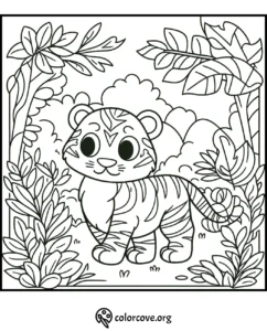 Cute tiger coloring page for kids featuring a playful tiger cub in a jungle setting with plants and leaves.