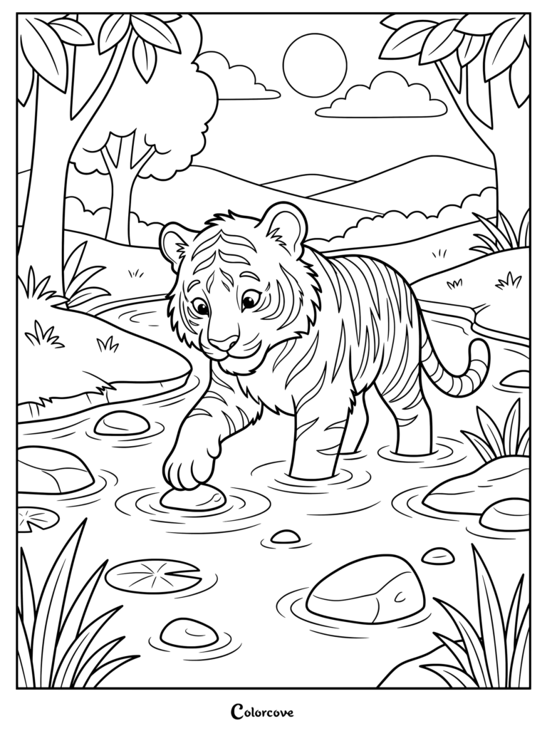 A friendly tiger cub splashing in a jungle river coloring page.