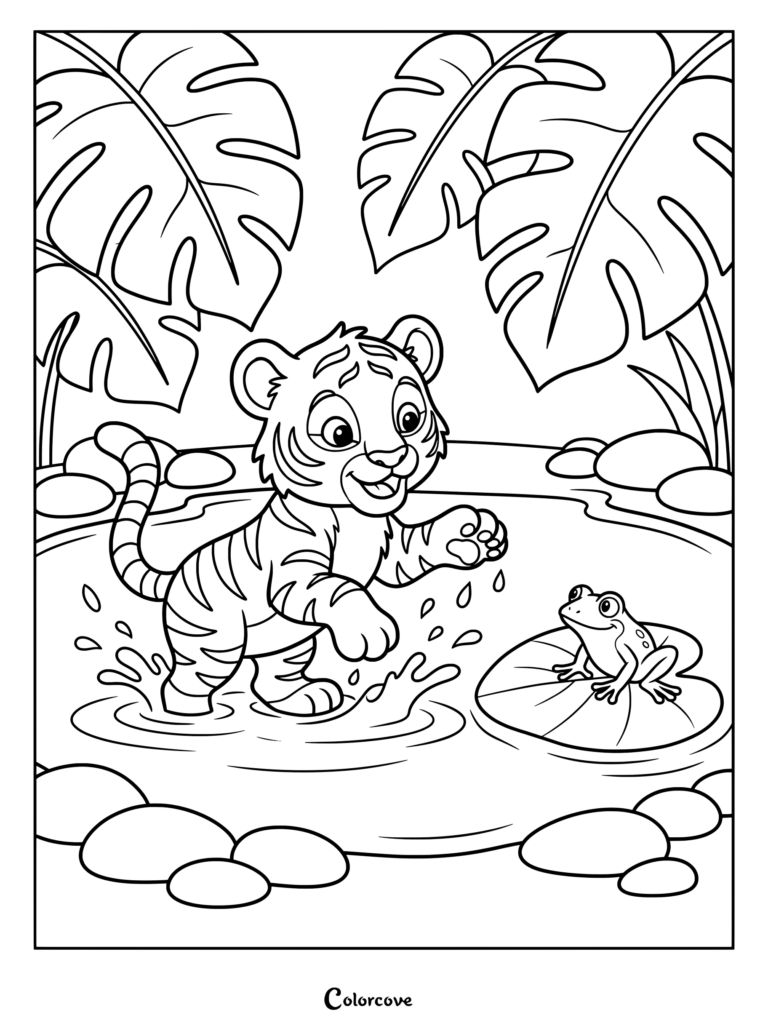 A friendly baby tiger splashing water at a tiny frog in a jungle pond coloring page
