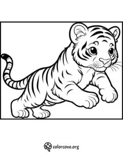 Cute tiger cub coloring page for kids, printable activity for children, fun and educational coloring sheet.
