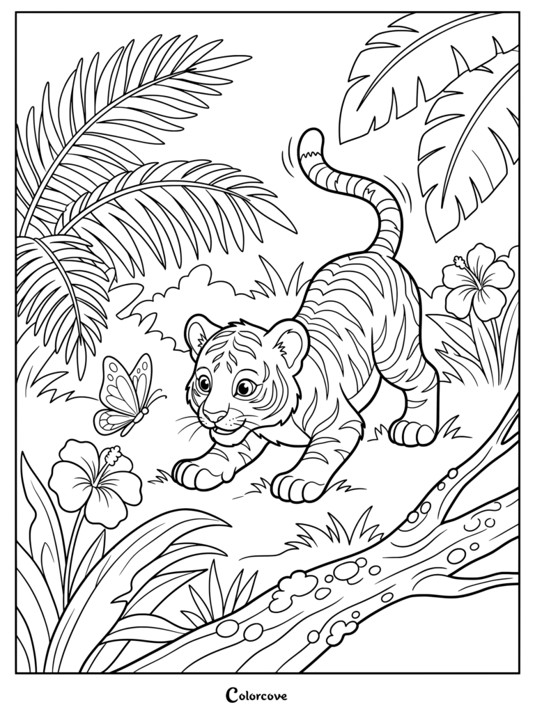 A cute tiger cub playing with a butterfly in the jungle coloring page.