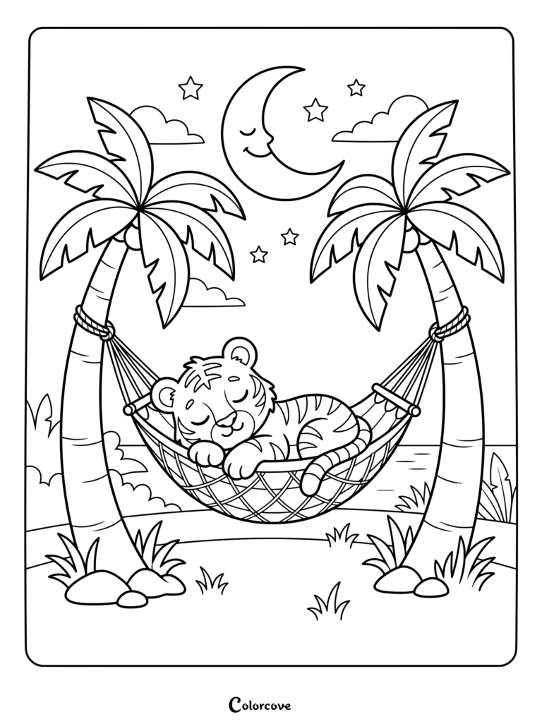 A cute tiger sleeping in a hammock between two palm trees under a smiling crescent moon coloring page.