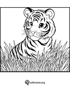 Coloring page of a cute tiger sitting in tall grass, perfect for kids. Visit colorcove.org for more coloring fun.