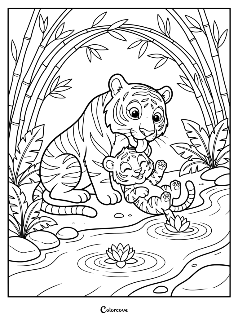 Printable coloring page of an adult tiger licking her playful cub near a bamboo stream.