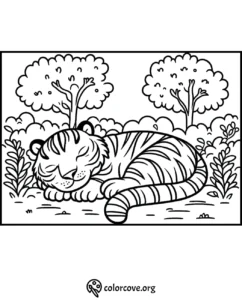 Sleeping tiger coloring page for kids featuring a cute tiger resting in a forest with trees and bushes. Fun printable activity.