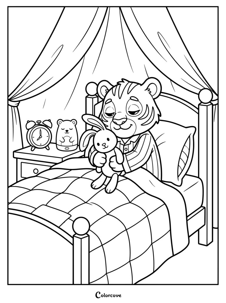 Tiger in striped pajamas holding a bunny plushie in bed coloring page