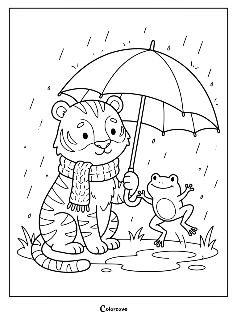 A friendly tiger wearing a cozy knitted scarf holds a large umbrella to shield a happy little frog from the rain in this cute tiger coloring page.