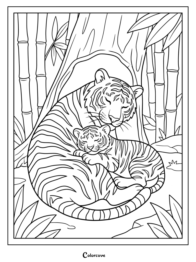 A mother tiger lovingly nuzzles her sleeping cub amidst bamboo stalks in this detailed coloring page.