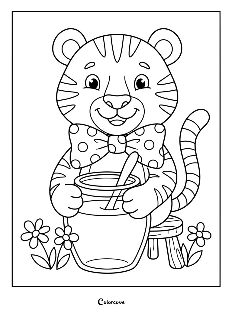 Friendly tiger wearing a polka-dot bow tie holding a honey jar with a spoon, printable coloring page.