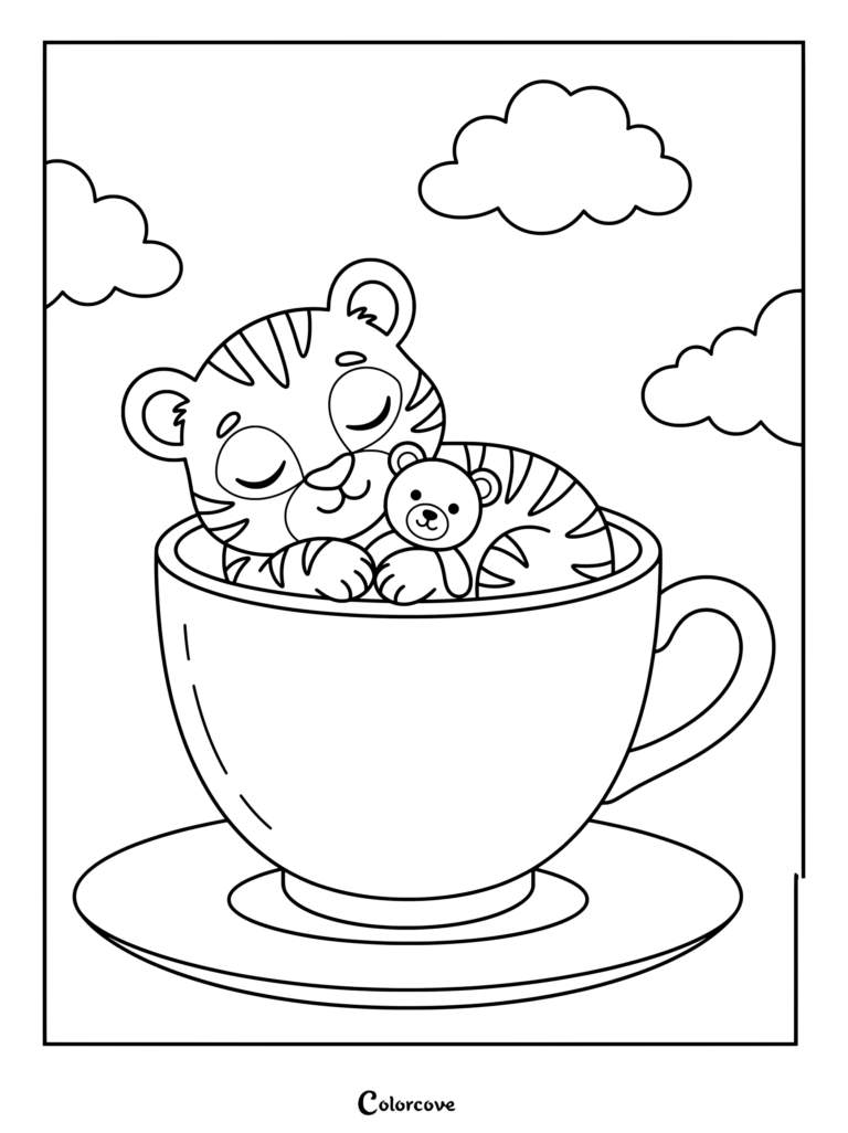 A cute tiger coloring page featuring a cub sleeping peacefully inside a teacup with its teddy bear.