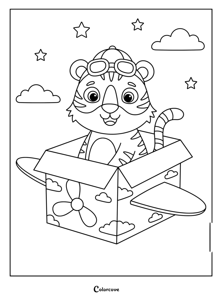 A friendly tiger wearing aviator goggles flying in a cardboard box airplane with clouds and stars coloring page