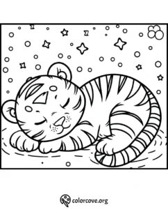 Coloring page of a cute baby tiger sleeping under a starry sky. Perfect for kids' art activities.