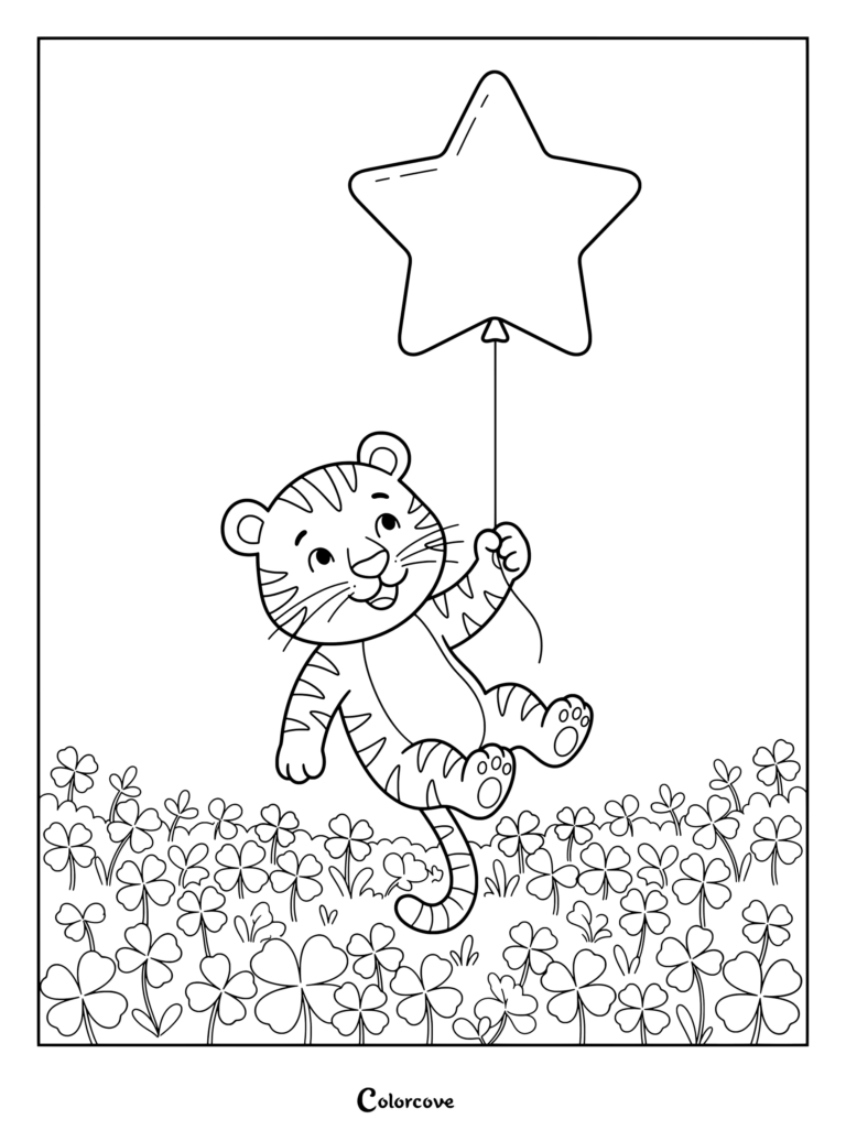 A cute tiger holding a star balloon above a field of clovers in this printable coloring page.