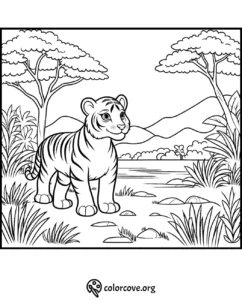 Cute tiger cub coloring page in a natural landscape with trees, mountains, and a river. Perfect for kids' activity time.