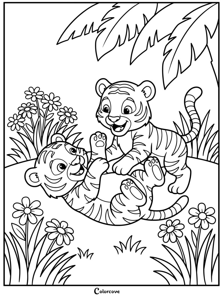Two playful tiger cubs playing in a sunny jungle with palm leaves and flowers coloring page