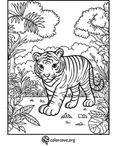 Coloring page of a tiger walking in a forest, designed for children and adults to color and enjoy.