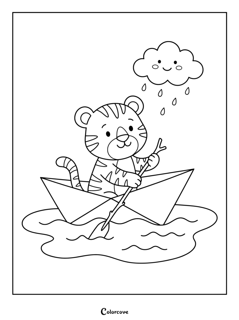 Cute baby tiger coloring page sailing in a paper boat under a smiling rain cloud.