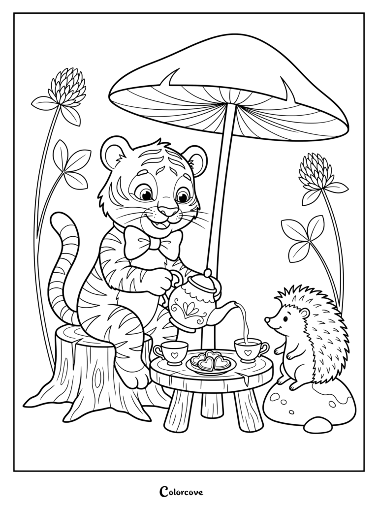 Tiger pouring tea for a hedgehog at a woodland table coloring page