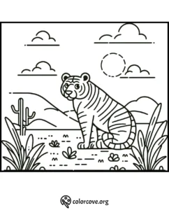Tiger coloring page with a tiger sitting in a desert landscape, surrounded by cacti and plants, under a sunny sky.