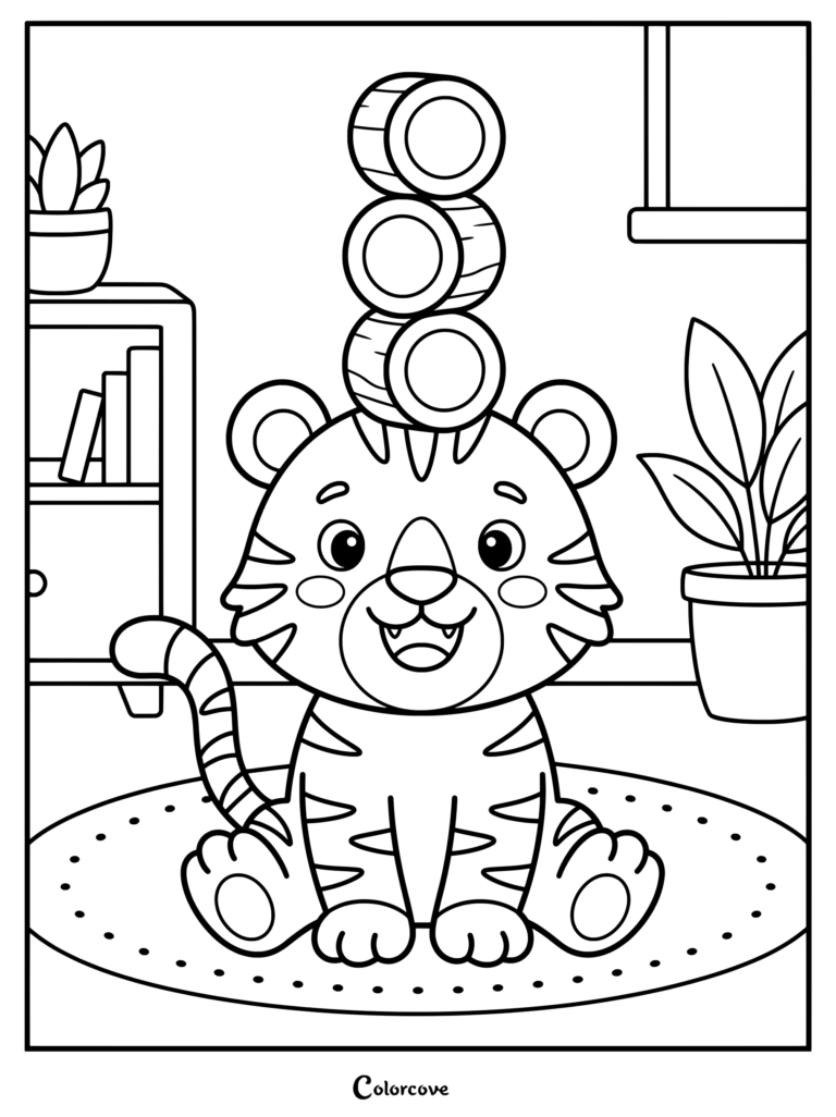 A cute tiger balancing three wooden cylinders on its head in a playroom coloring page