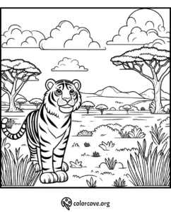 Coloring page featuring a cute tiger in a savanna landscape, perfect for kids and nature lovers. Download at colorcove.org.