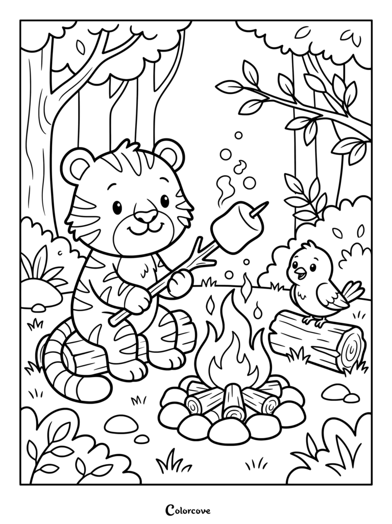 A friendly tiger roasting a marshmallow over a campfire with a little bird coloring page.