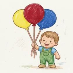 A cute hand-drawn illustration of a happy toddler wearing green overalls holding three brightly colored balloons in red, yellow, and blue.