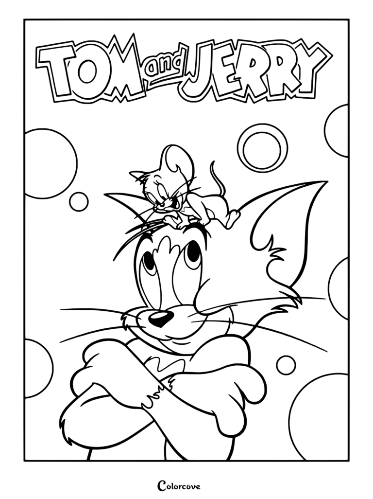 Tom and Jerry coloring page featuring the classic animated characters Tom Cat and Jerry Mouse from the Metro Goldwyn Mayer MGM franchise Tom and Jerry created by William Hanna and Joseph Barbera.