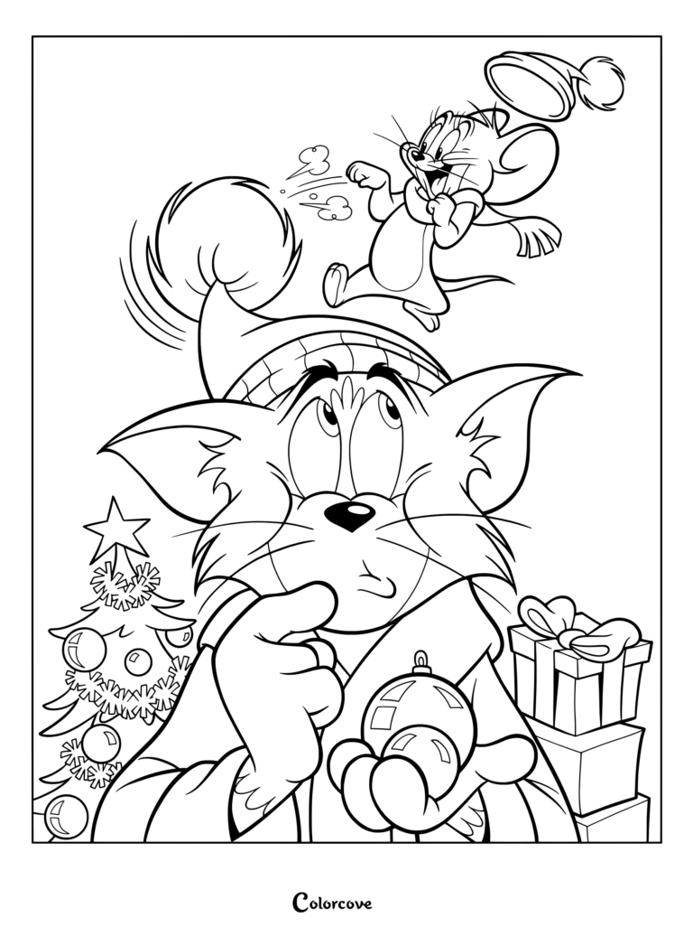 Tom And Jerry coloring page featuring Tom dressed in a Santa Claus suit holding Christmas ornaments, while Jerry wears a green scarf and hat.