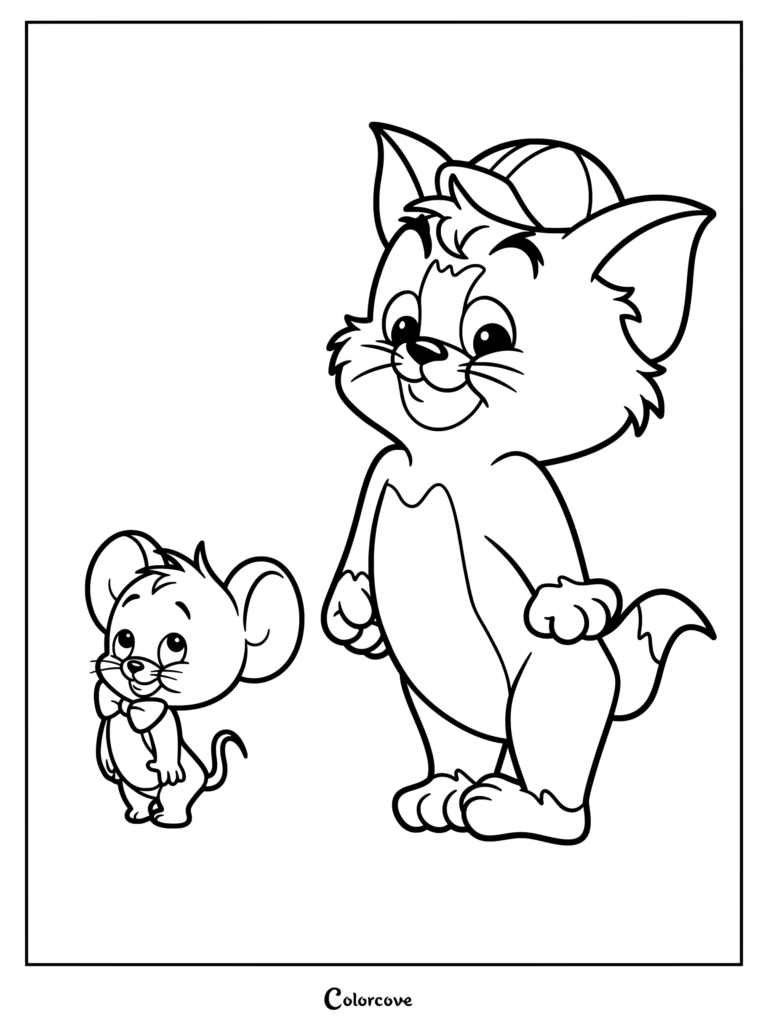 Tom And Jerry coloring page featuring Young Tom wearing a baseball cap and Young Jerry wearing a bow tie.