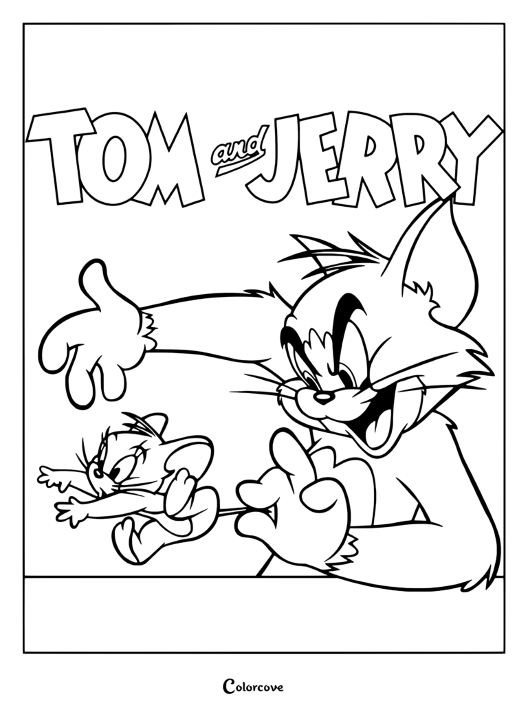 Tom and Jerry coloring page showing Tom Cat reaching out to grab Jerry Mouse by the tail.