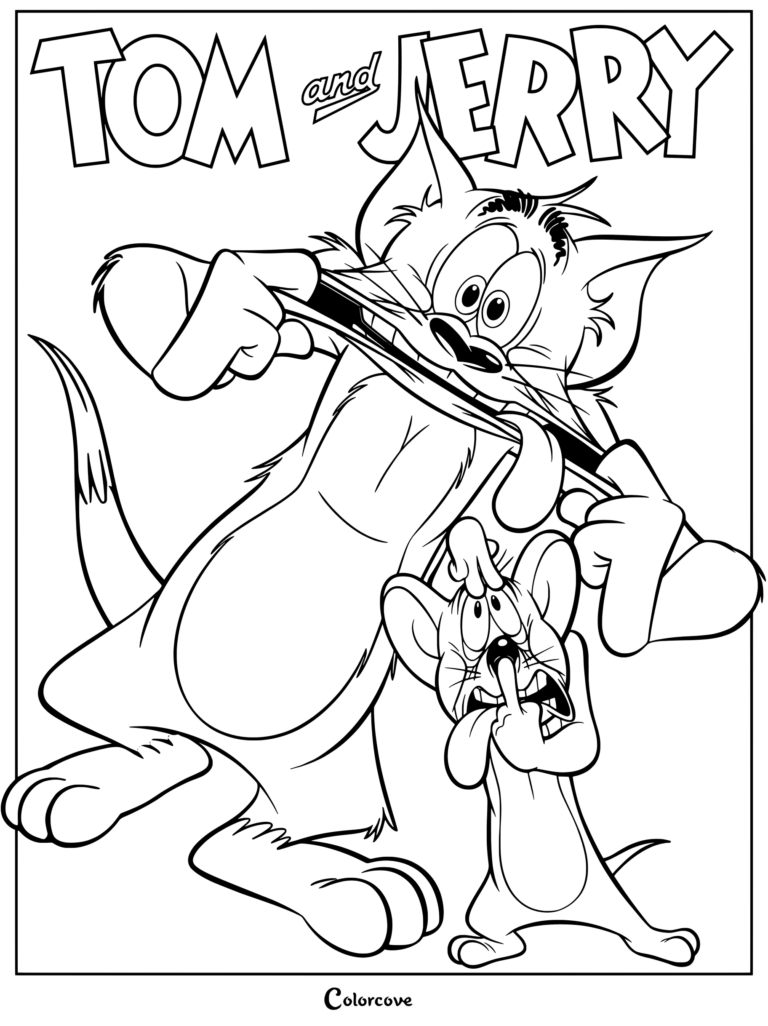 Tom and Jerry coloring page showing a classic cartoon illustration of Tom Cat and Jerry Mouse from the animated franchise Tom and Jerry, where Tom is playfully pulling his own lip down with Jerry sticking out his tongue and pointing.