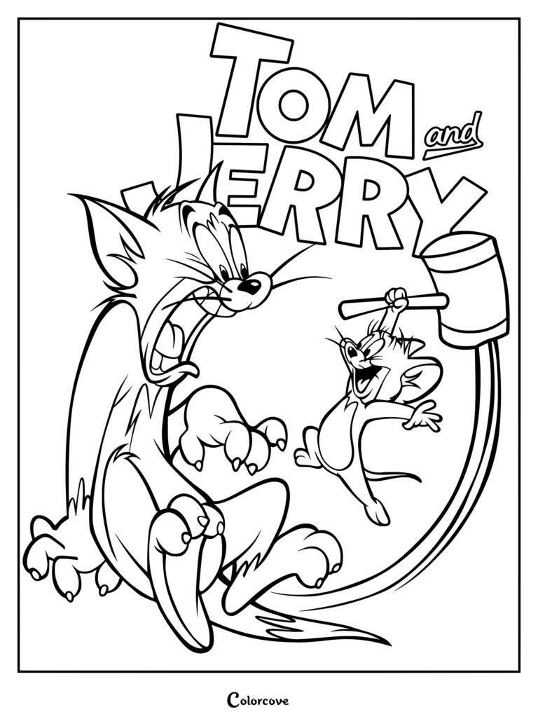 Tom and Jerry coloring page showing a classic cartoon illustration of Tom the grey and white cat reacting in shock while Jerry the brown mouse swings a large mallet behind him beneath the red Tom and Jerry logo.