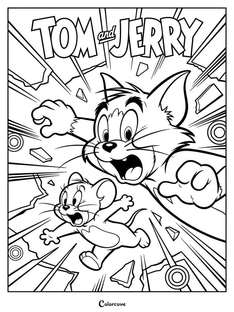 Tom And Jerry coloring page showing an illustration of the classic animated characters Tom Cat and Jerry Mouse bursting through a yellow comic style background with red TOM and JERRY lettering.