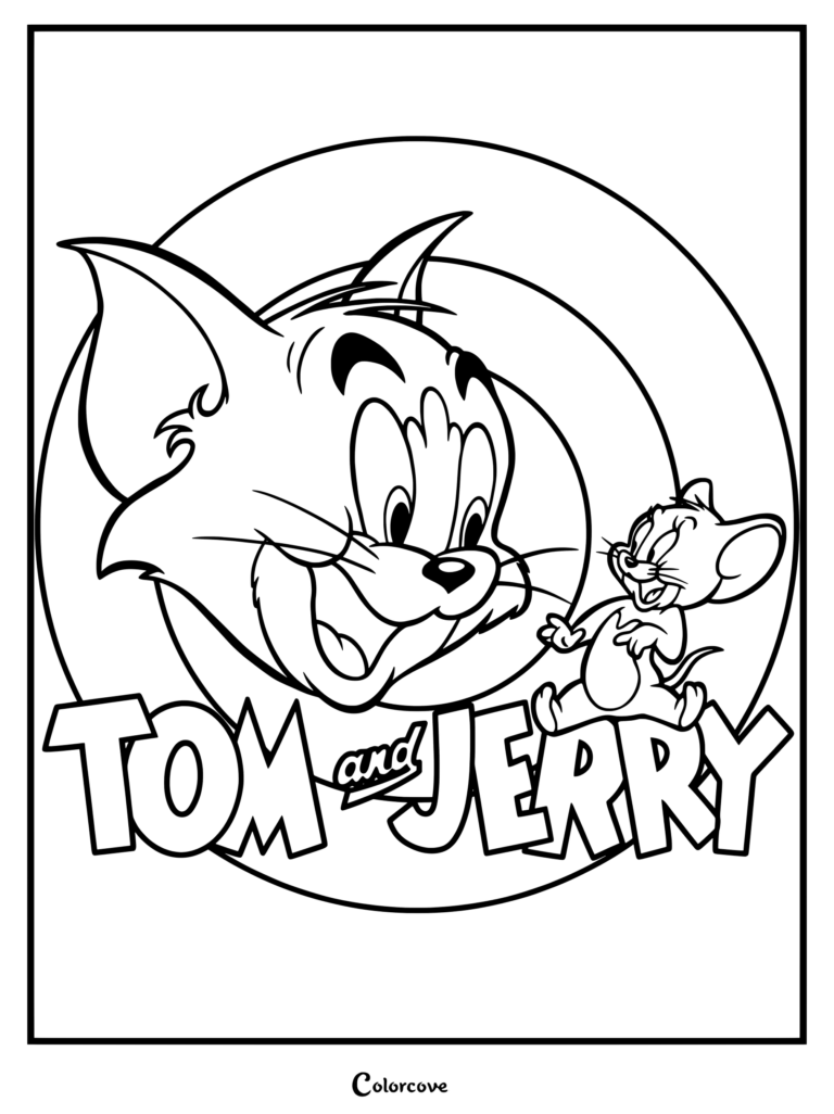 Tom and Jerry coloring page showing Tom the cat grinning widely next to Jerry the mouse against a vibrant circle background with the classic logo.