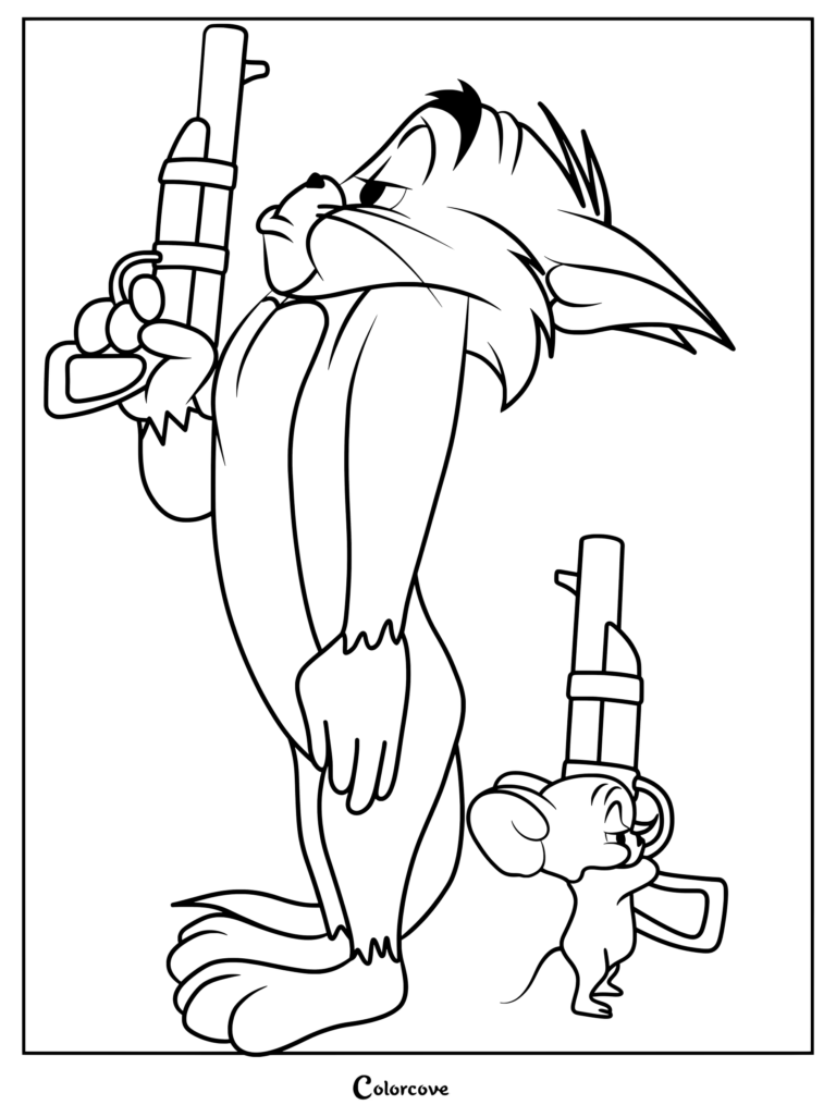 Tom and Jerry coloring page featuring Tom the Cat and Jerry the Mouse standing back to back, each holding a rifle strapped with yellow tape.