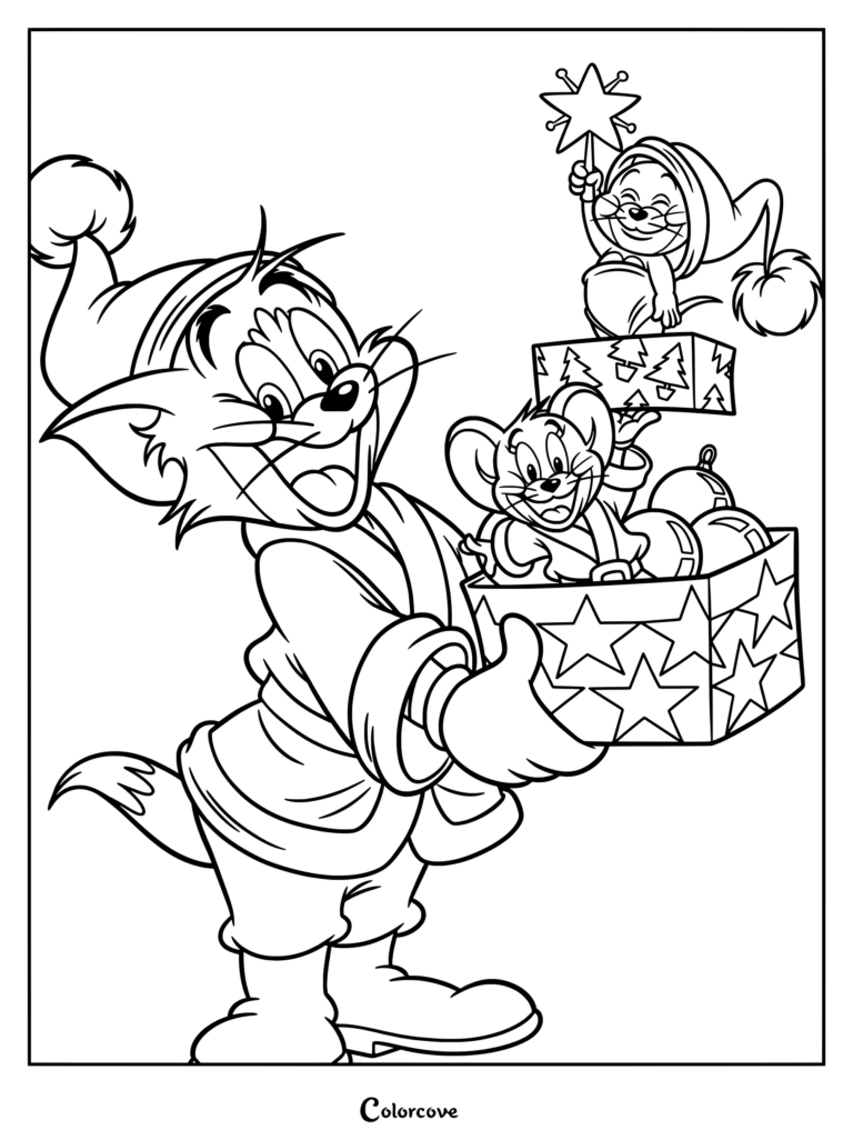 Tom And Jerry coloring page featuring Tom and Jerry dressed in Christmas themed Santa Claus outfits and hats with gift boxes and ornaments.