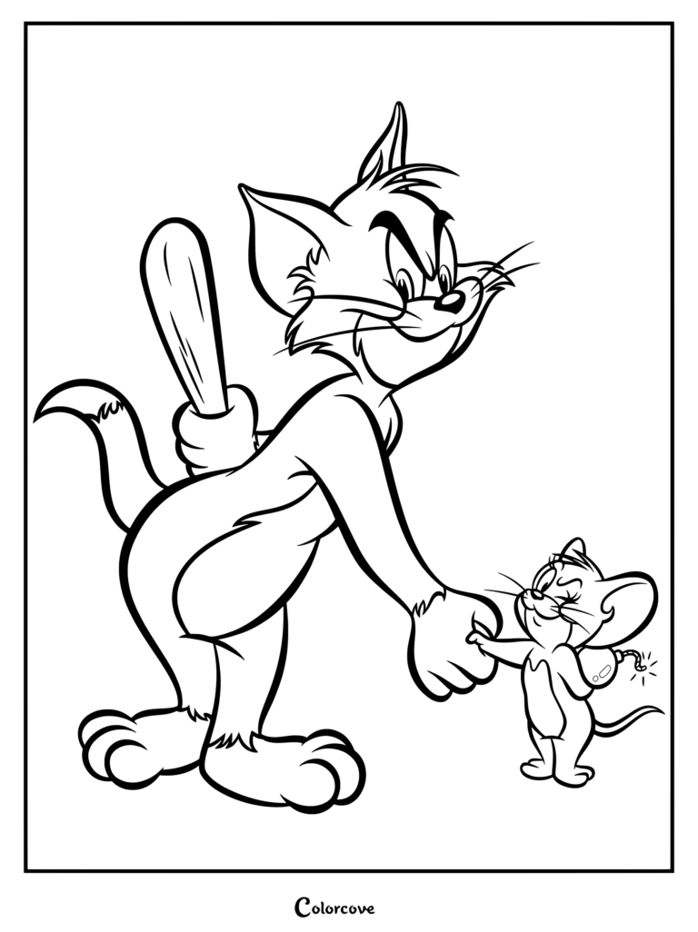 Tom and Jerry coloring page showing Tom holding a wooden bat and Jerry holding a lit bomb behind their backs while shaking hands