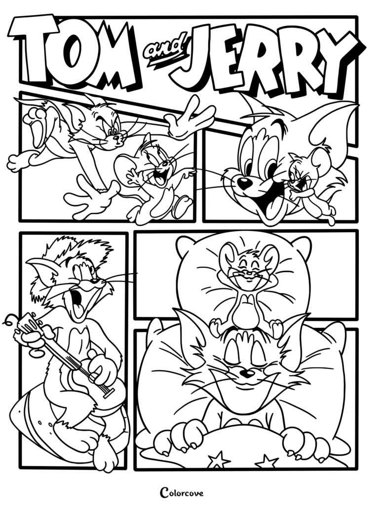 Tom and Jerry coloring page featuring a retro-style pop art collage of the classic cat and mouse duo in various playful poses, including Tom playing a guitar and sleeping peacefully with Jerry.