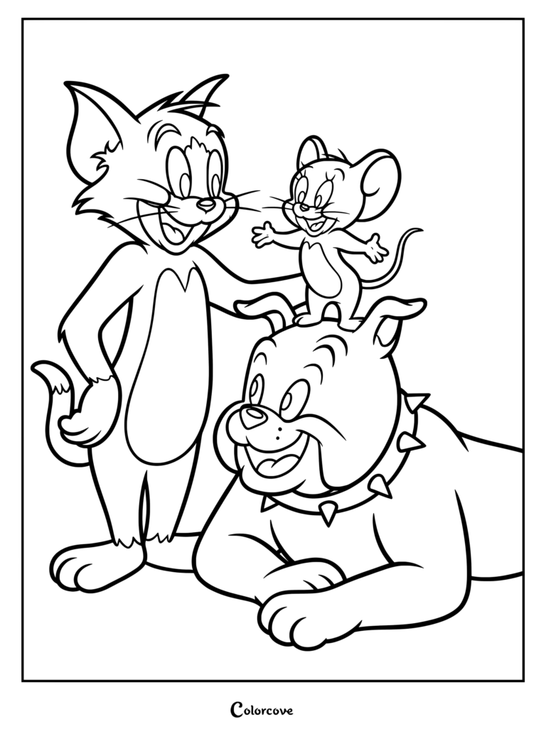 Tom and Jerry coloring page featuring classic animated characters Tom Cat, Jerry Mouse, and Spike the Bulldog.