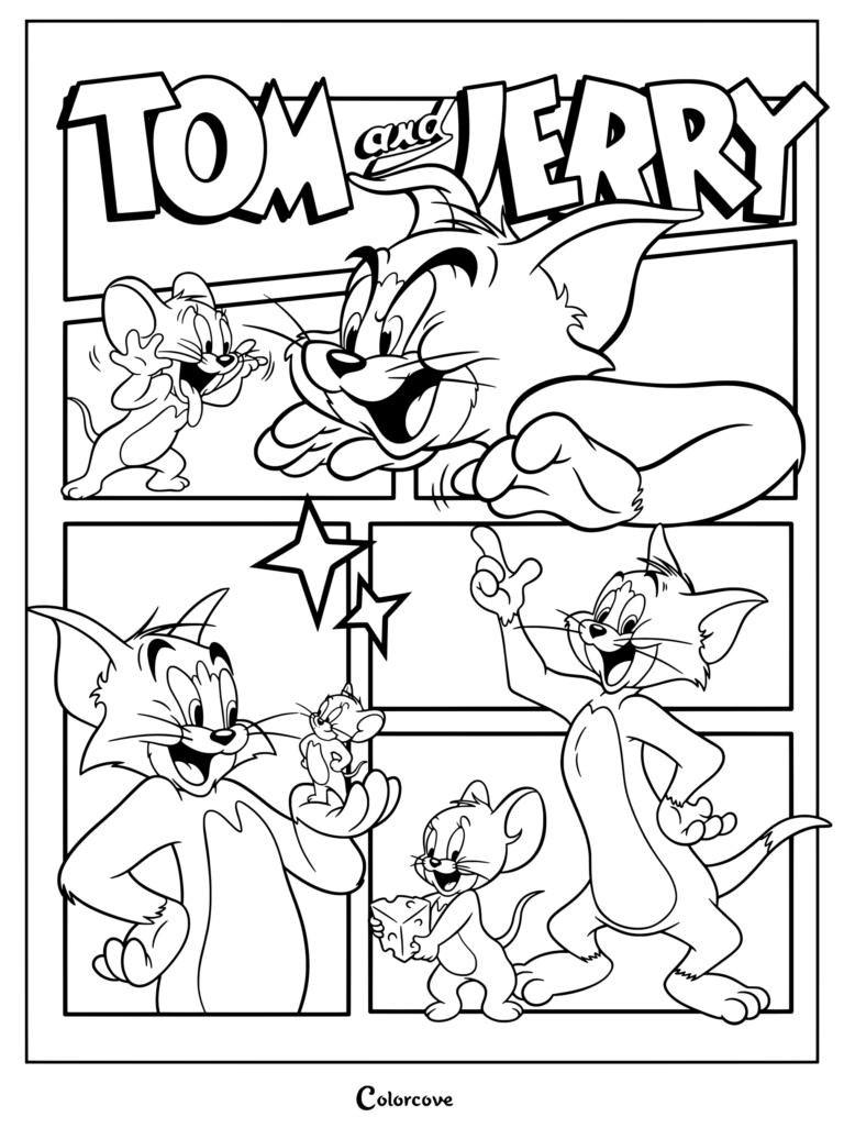 Tom and Jerry coloring page featuring classic illustrations of Tom the cat and Jerry the mouse from the Tom and Jerry animated franchise in a vibrant, multi panel comic book style.