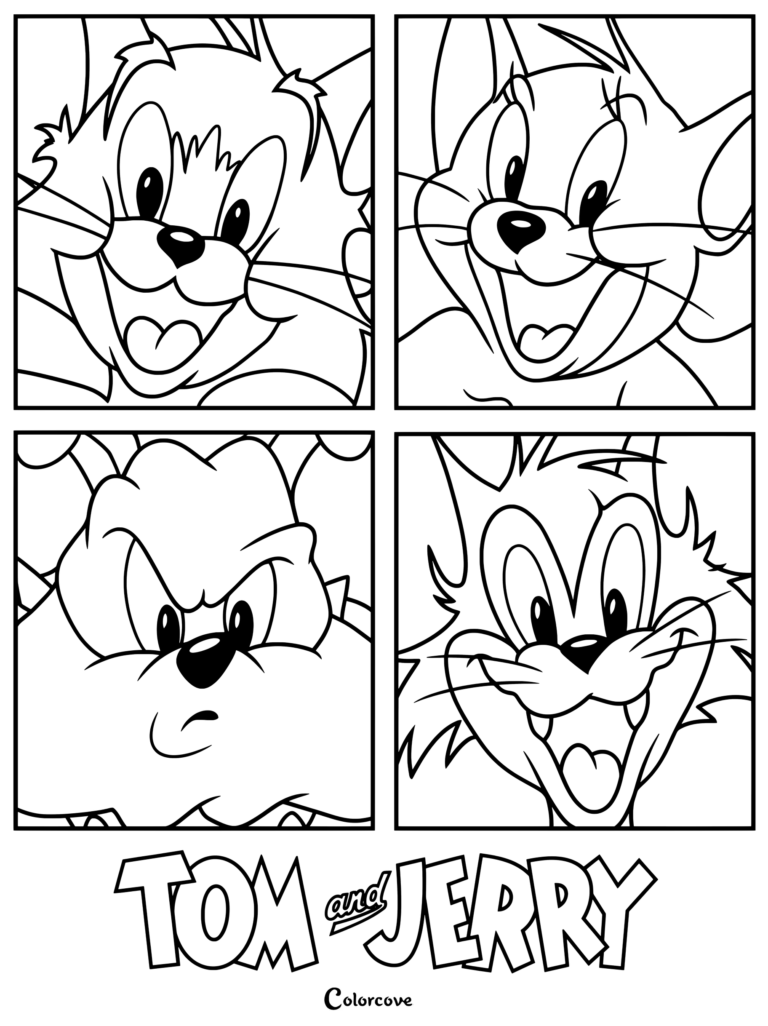 Tom and Jerry coloring page featuring four classic characters from the Tom and Jerry franchise Tom top left, Jerry top right, Spike the bulldog bottom left, and Butch the black cat bottom right.