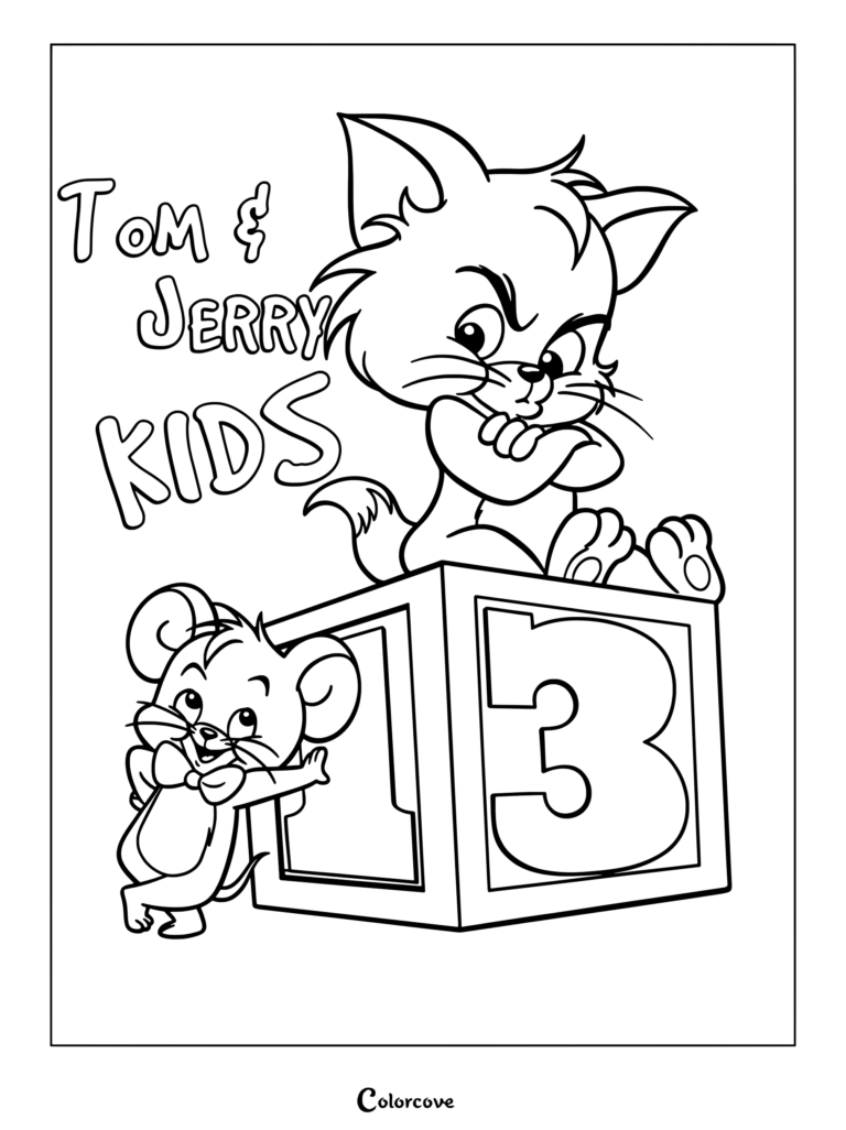Tom And Jerry Kids coloring page featuring promotional artwork for the animated series Tom & Jerry Kids (1990–1993), showing younger versions of Tom the cat with his arms crossed sitting atop a building block and Jerry the mouse wearing a red bow.