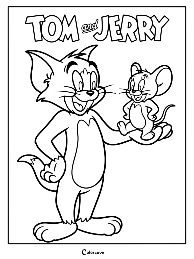 Tom and Jerry coloring page showing Tom Cat holding Jerry Mouse in his hand